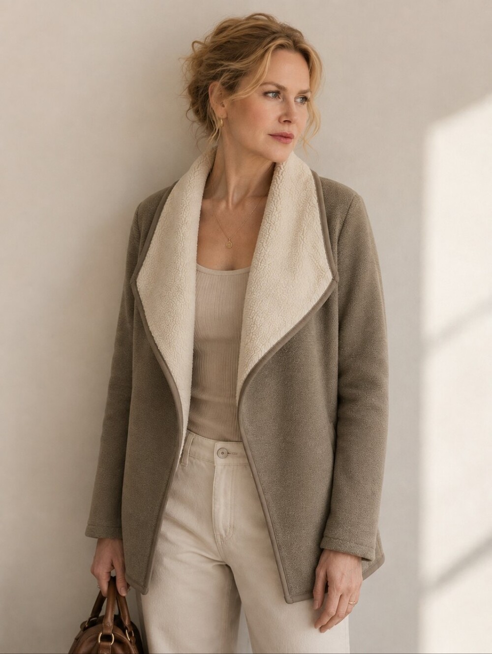 Nicole Miller Sherpa Lined Open Front Jacket – Taupe – Size Medium